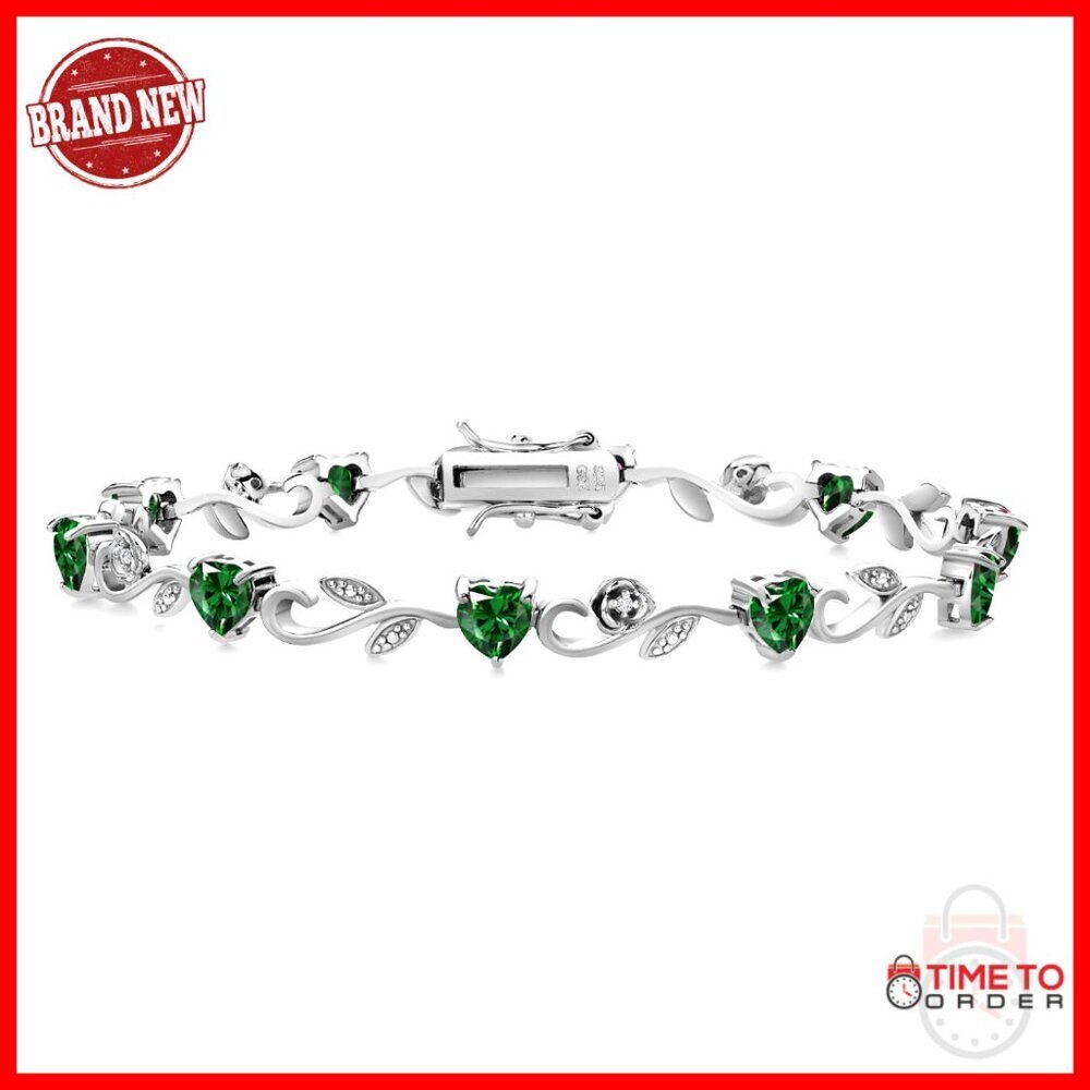 Sterling Silver Heart Gemstone Tennis Bracelet with Greek Vine Design